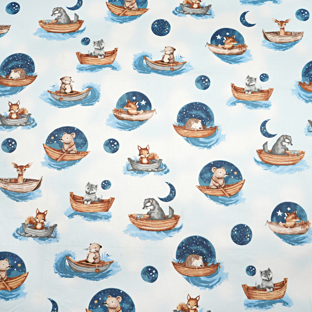 Cotton 100% animals in boats on a blue background