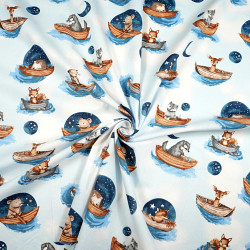 Cotton 100% animals in boats on a blue background