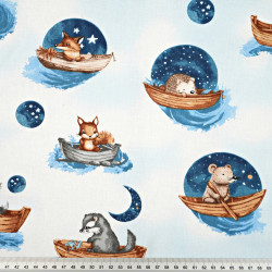 Cotton 100% animals in boats on a blue background