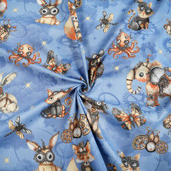 Cotton 100% mechanical animals on a blue background