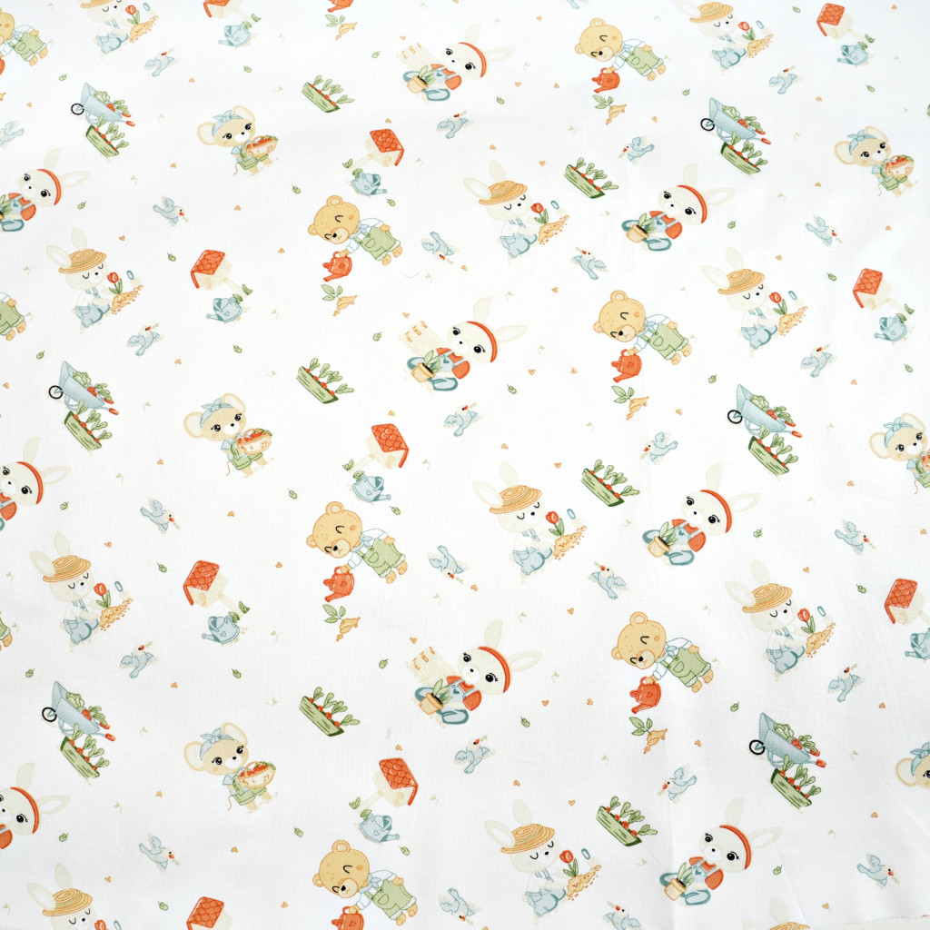 Cotton 100% animals in gardens on a white background