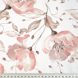 Cotton 100% salmon flowers with brown leaves on a white background