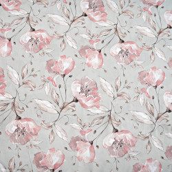 Cotton 100% salmon flowers with brown leaves on a grey background