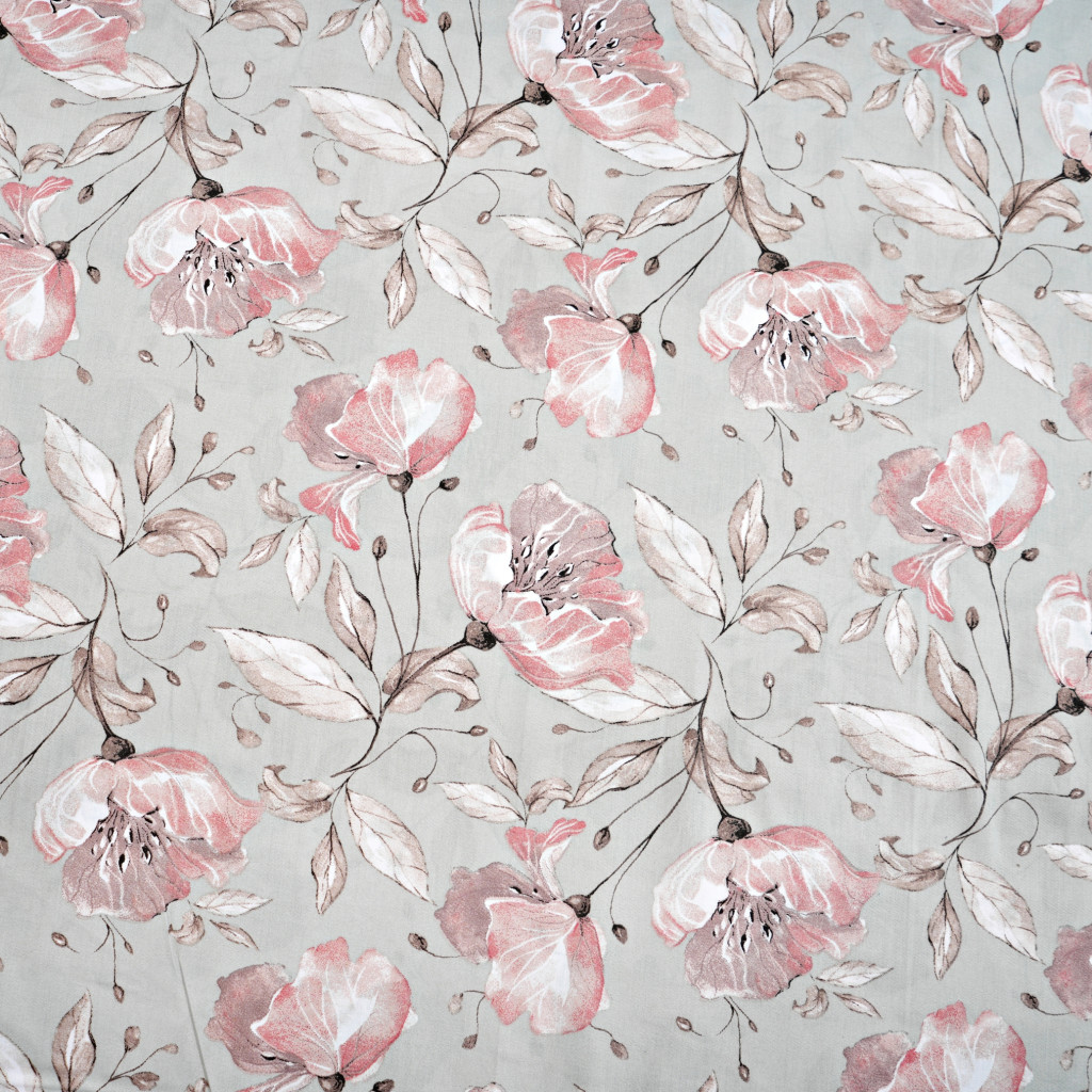 Cotton 100% salmon flowers with brown leaves on a grey background