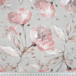 Cotton 100% salmon flowers with brown leaves on a grey background