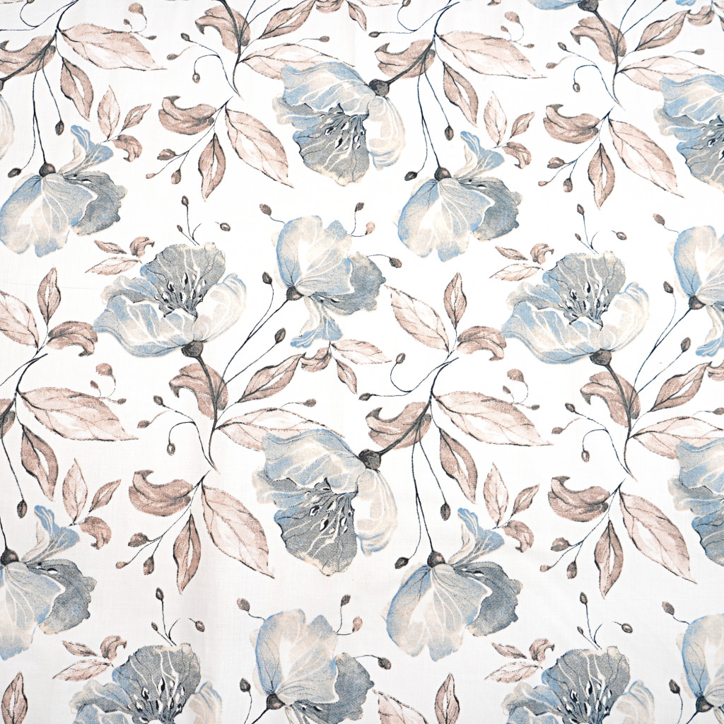 Cotton 100% denim color flowers with brown leaves on a white background