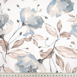 Cotton 100% denim color flowers with brown leaves on a white background