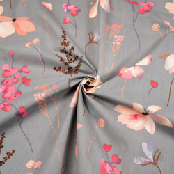 Cotton fabric salmon flowers on a gray background - 220 cm