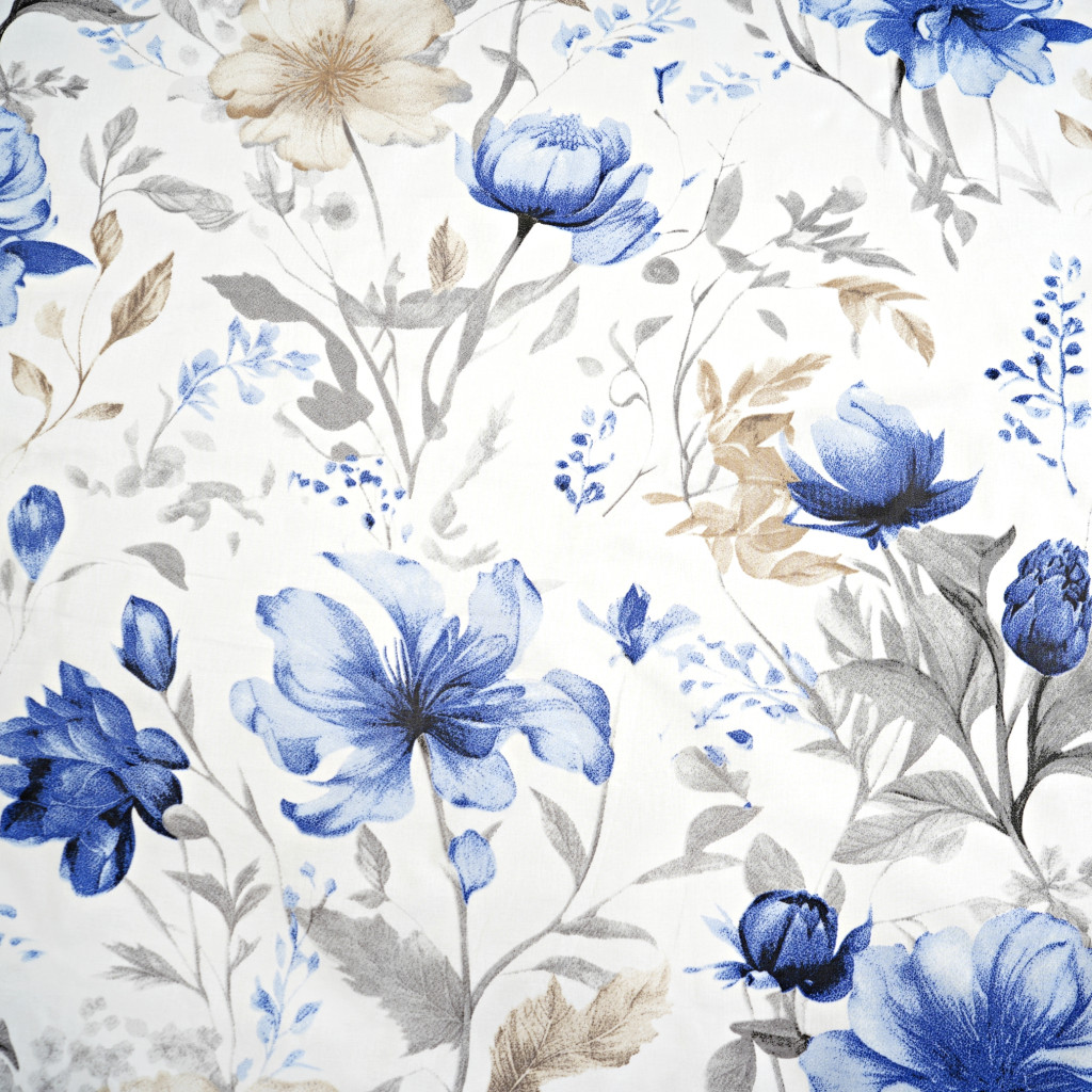 Cotton 100% blue beige flowers on a white background