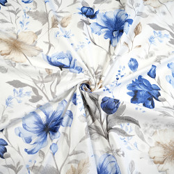 Cotton 100% blue beige flowers on a white background