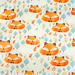 Cotton 100% large orange foxes on an ecru background