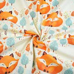 Cotton 100% large orange foxes on an ecru background