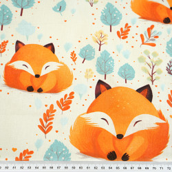 Cotton 100% large orange foxes on an ecru background