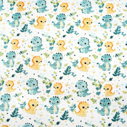 Cotton 100% mint yellow baby dinosaurs in the meadow