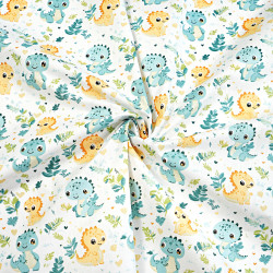 Cotton 100% mint yellow baby dinosaurs in the meadow