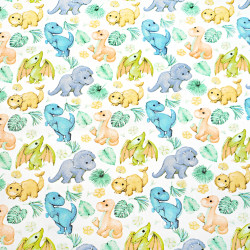 Cotton 100% blue orange baby dinosaurs with leaves