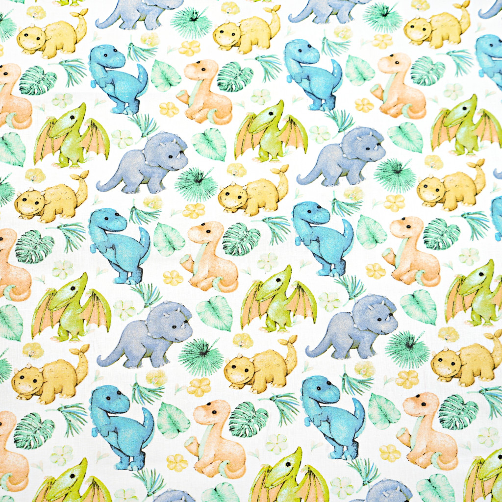 Cotton 100% blue orange baby dinosaurs with leaves