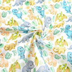 Cotton 100% blue orange baby dinosaurs with leaves