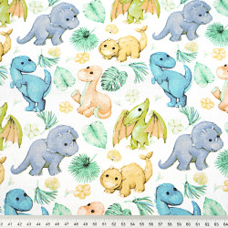 Cotton 100% blue orange baby dinosaurs with leaves