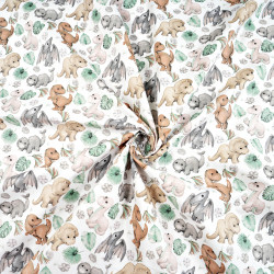 Cotton 100% brown gray baby dinosaurs with leaves