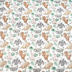 Cotton 100% brown gray baby dinosaurs with leaves