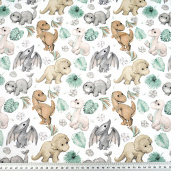 Cotton 100% brown gray baby dinosaurs with leaves