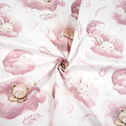 Cotton 100% Teddy bears and big animals on pink clouds