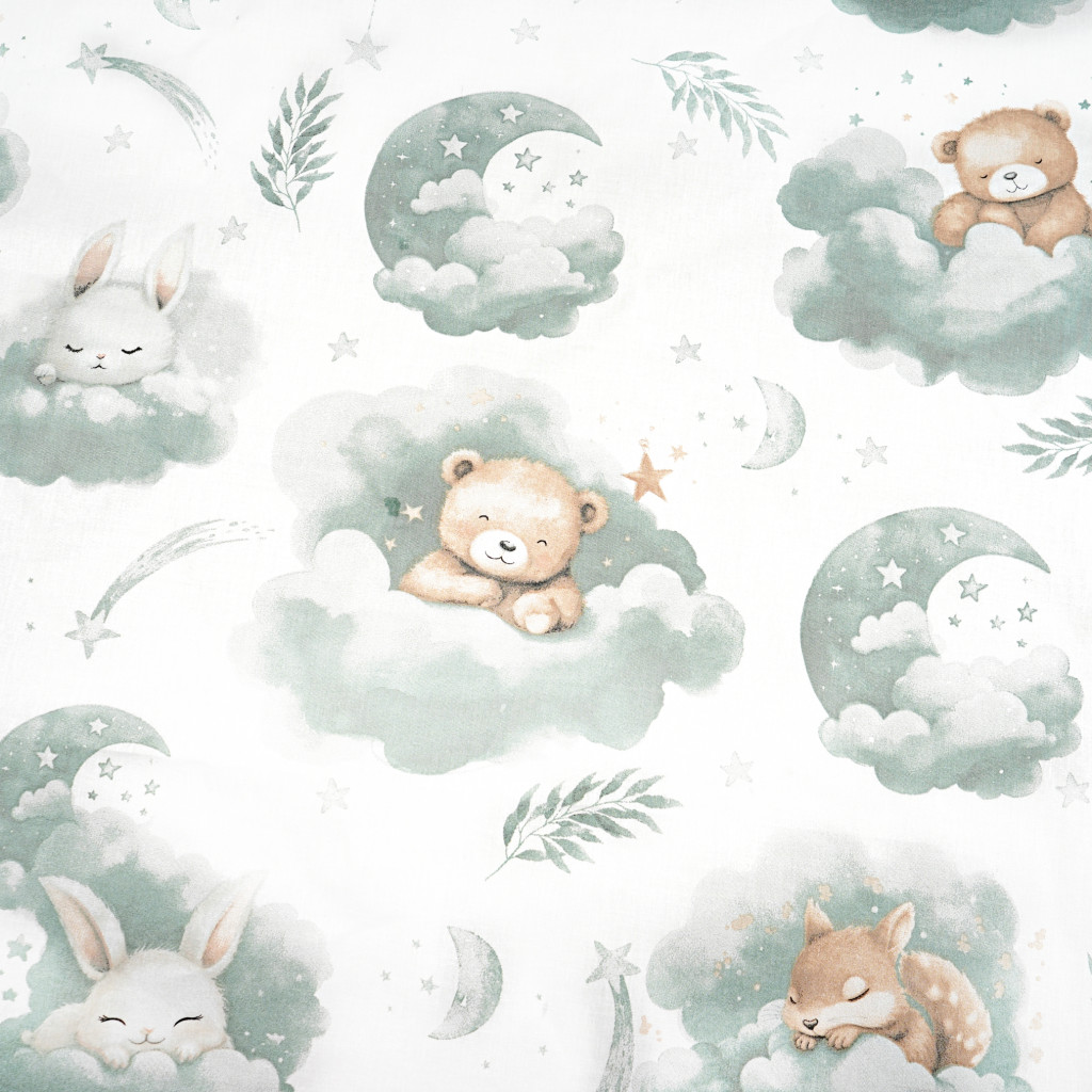 Cotton 100% Teddy bears and big animals on sage clouds