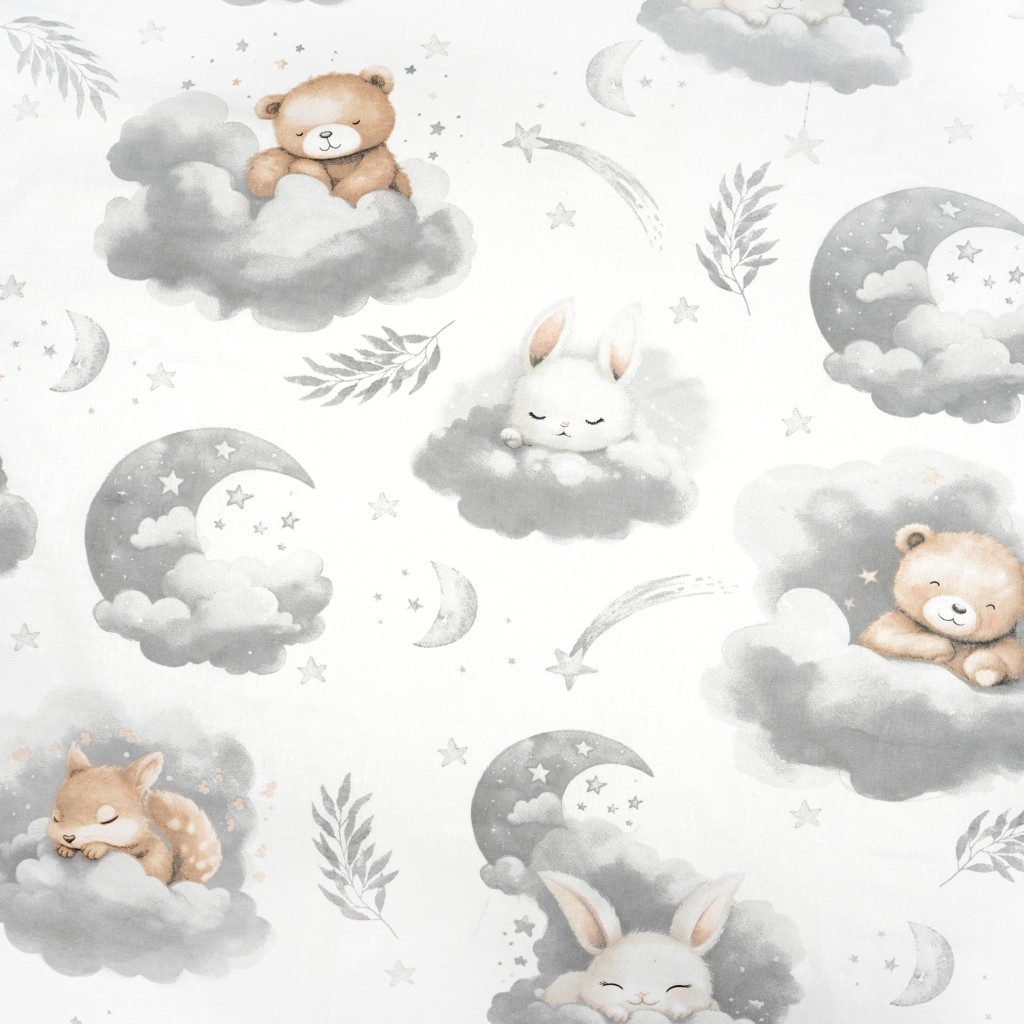 Cotton 100% Teddy bears and big animals on gray clouds