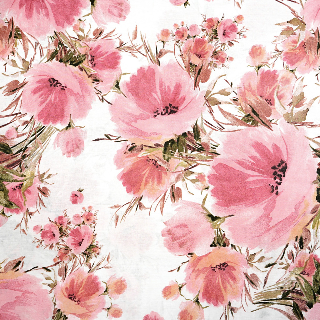 Cotton 100% large pink poppies on a white background