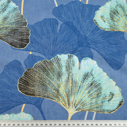 Cotton 100% turquoise ginkgo leaves on a denim background