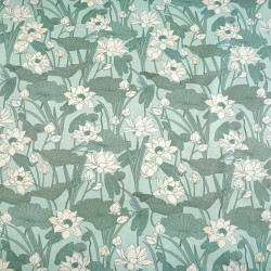 Cotton 100% white lily leaves on a sage background