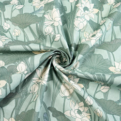 Cotton 100% white lily leaves on a sage background