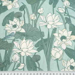 Cotton 100% white lily leaves on a sage background