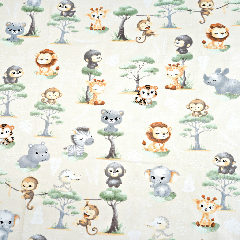 Cotton 100% African baby animals on écru background