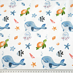 Cotton 100% whales and turtles on a white background