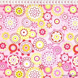 Bawełna kwiaty kolorowe w kołach na różowym tle