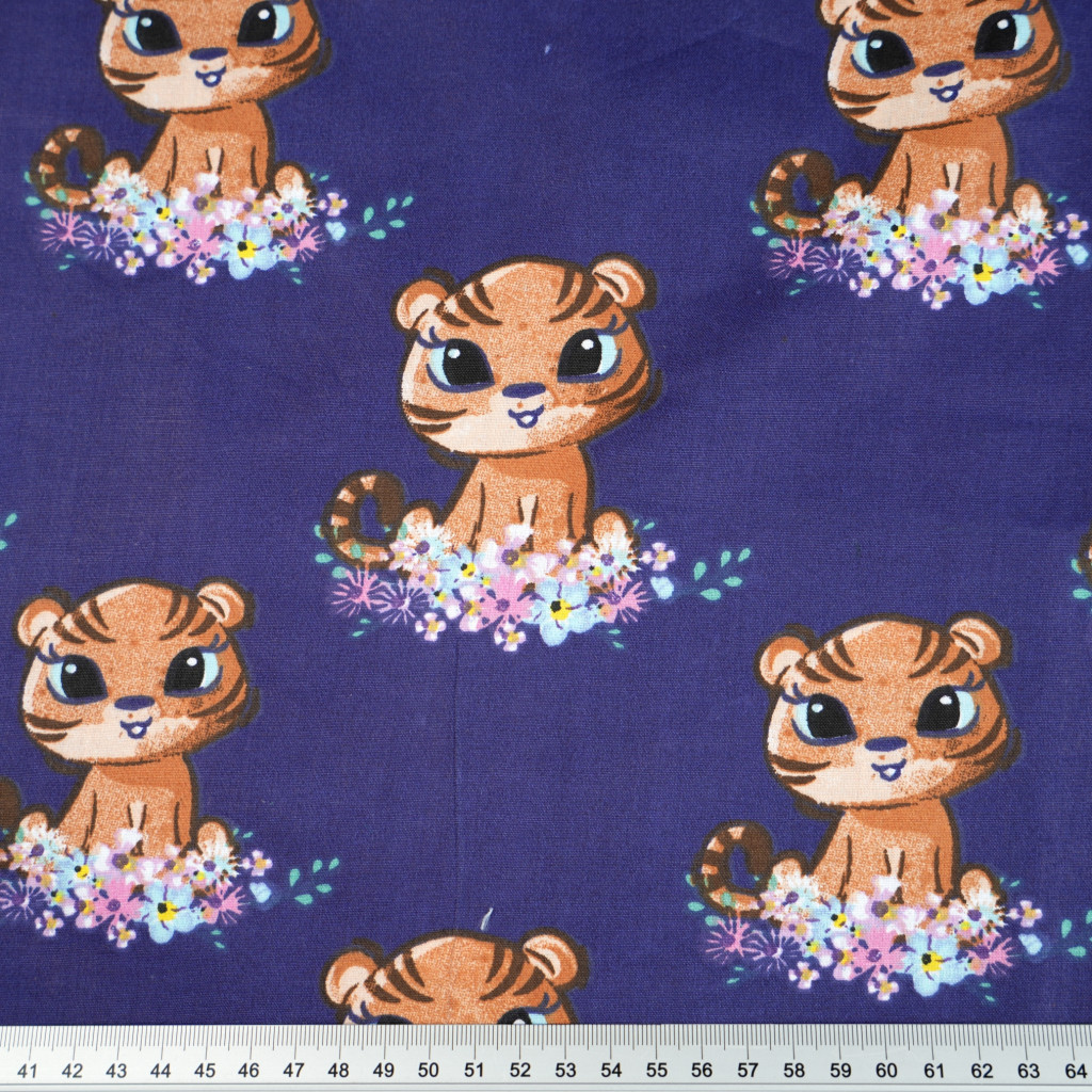 Cotton fabric with tigers on a navy blue background | Fabric store