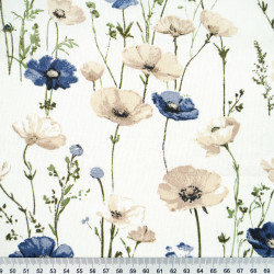 Cotton 100% Navy blue and beige poppies on ecru background