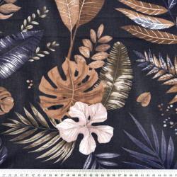 Cotton 100% Beige & Navy Leaves on Dark Navy Background
