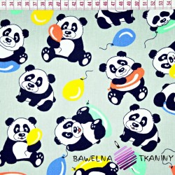Bawełna misie pandy z balonikami na szarym tle