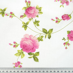 Cotton 100% Rose Flowers on Vines, White Background