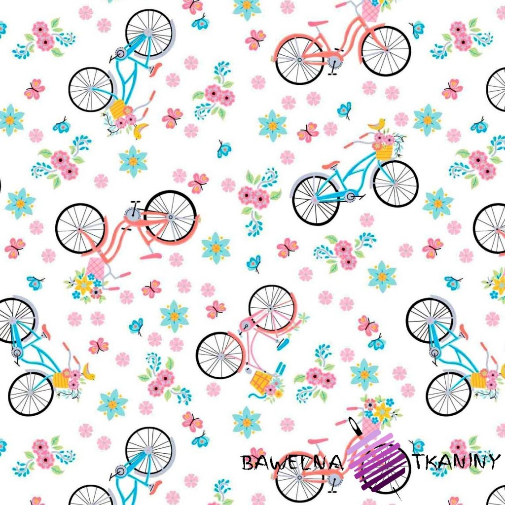 Bawełna różowo niebieskie rowerki na białym tle
