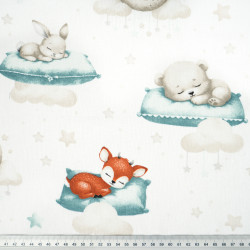 Cotton Fabric Sleeping Animals on Turquoise Pillows on a White Background