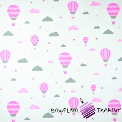 Bawełna różowo szare baloniki z chmurkami na białym tle