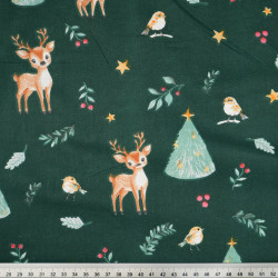 Cotton Fabric Reindeer with Christmas Trees on a Green Background