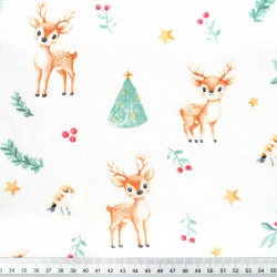 Cotton Fabric Reindeer with Christmas Trees on a White Background