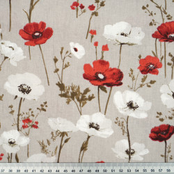 Cotton Fabric Red & White Poppies on a Beige Background
