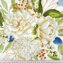 Cotton Fabric Blue-Green Flowers & Eucalyptus on a White Background