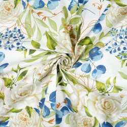 Cotton Fabric Blue-Green Flowers & Eucalyptus on a White Background